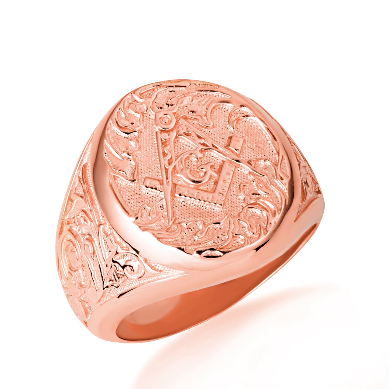 Gold Freemason Square & Compass Filigree Oval Signet Ring, view 4