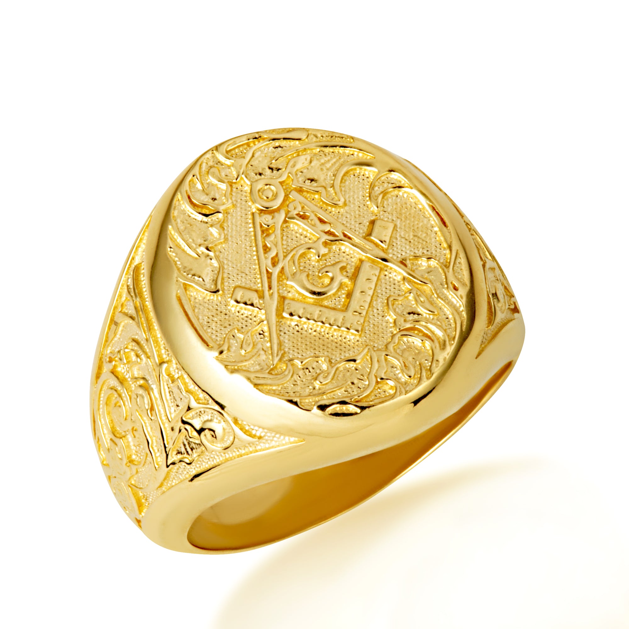 Gold Freemason Square & Compass Filigree Oval Signet Ring, view 5