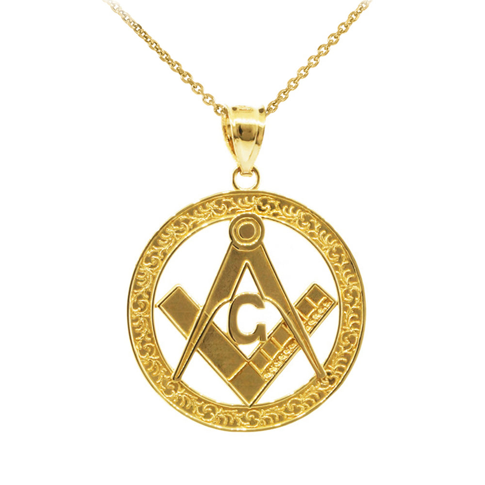 Gold Freemason Square & Compass Round Filigree Pendant Necklace (1.2")