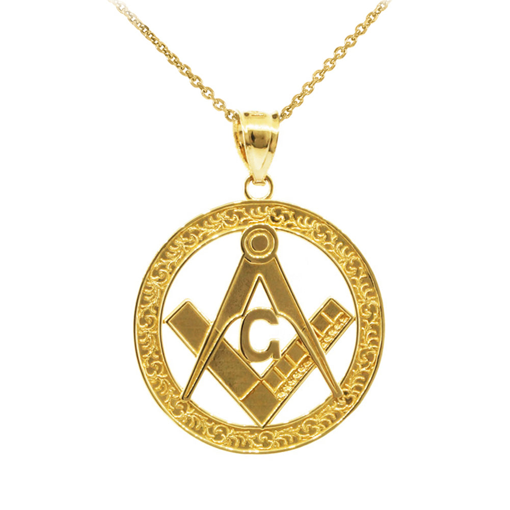 Gold Freemason Square & Compass Round Filigree Pendant Necklace (1.2")