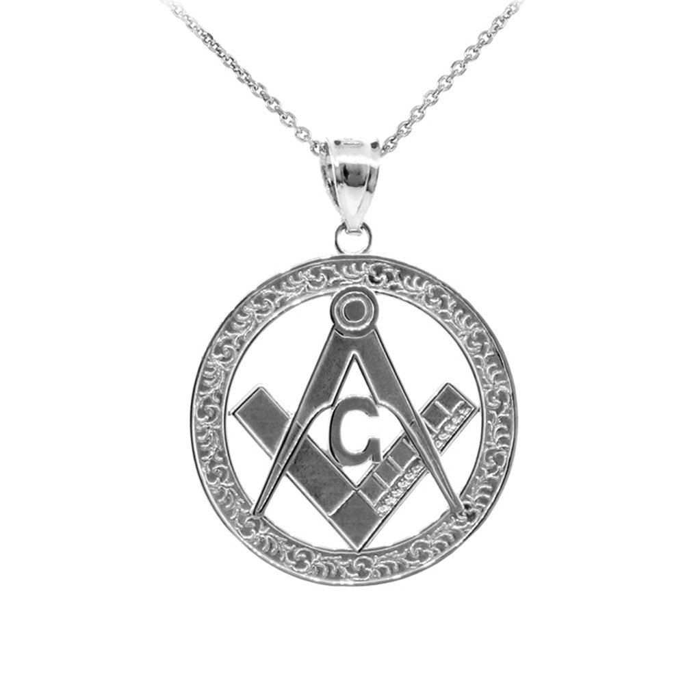 Gold Freemason Square & Compass Round Filigree Pendant Necklace (1.2"), view 2