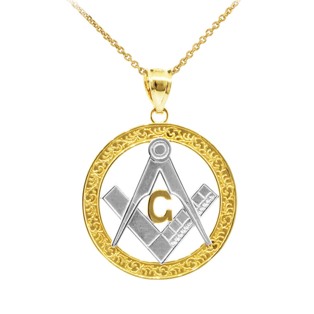 Gold Freemason Square & Compass Round Filigree Pendant Necklace (1.2"), view 3