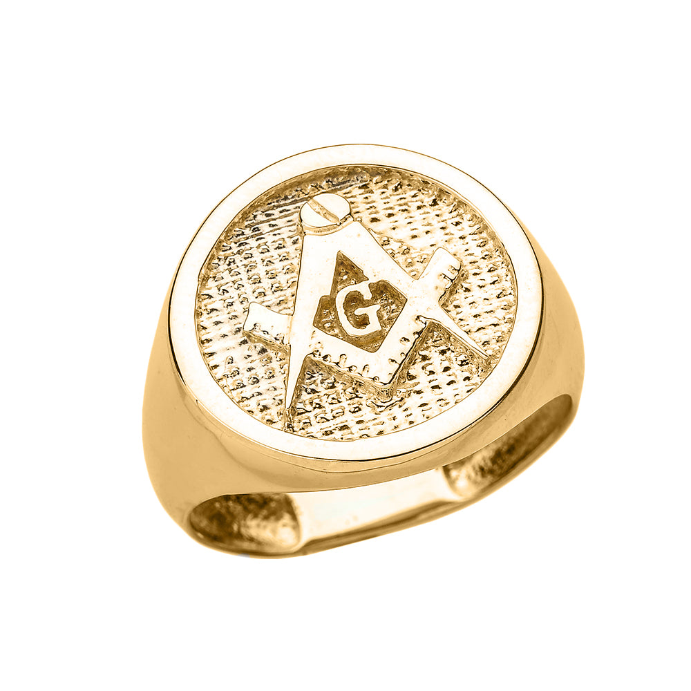 Gold Freemason Square & Compass Round Textured Signet Ring