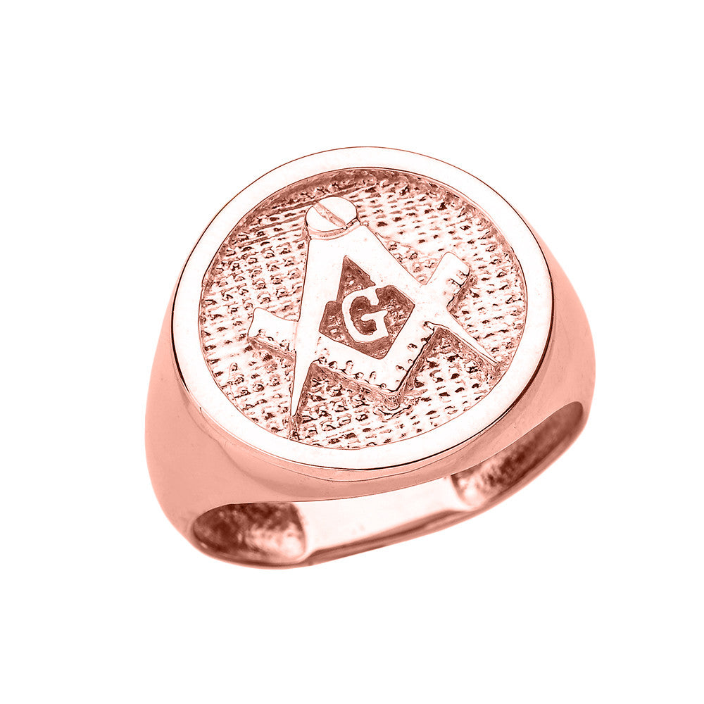 Gold Freemason Square & Compass Round Textured Signet Ring, view 2