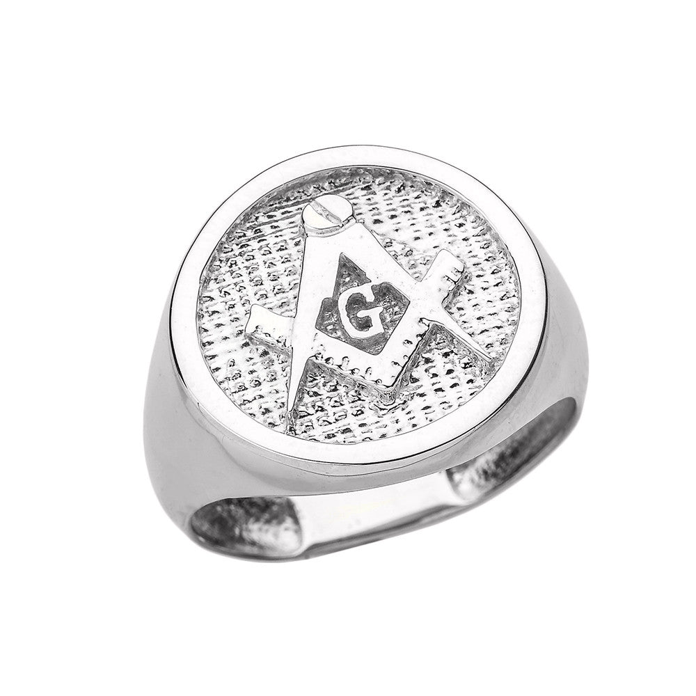 Gold Freemason Square & Compass Round Textured Signet Ring, view 3