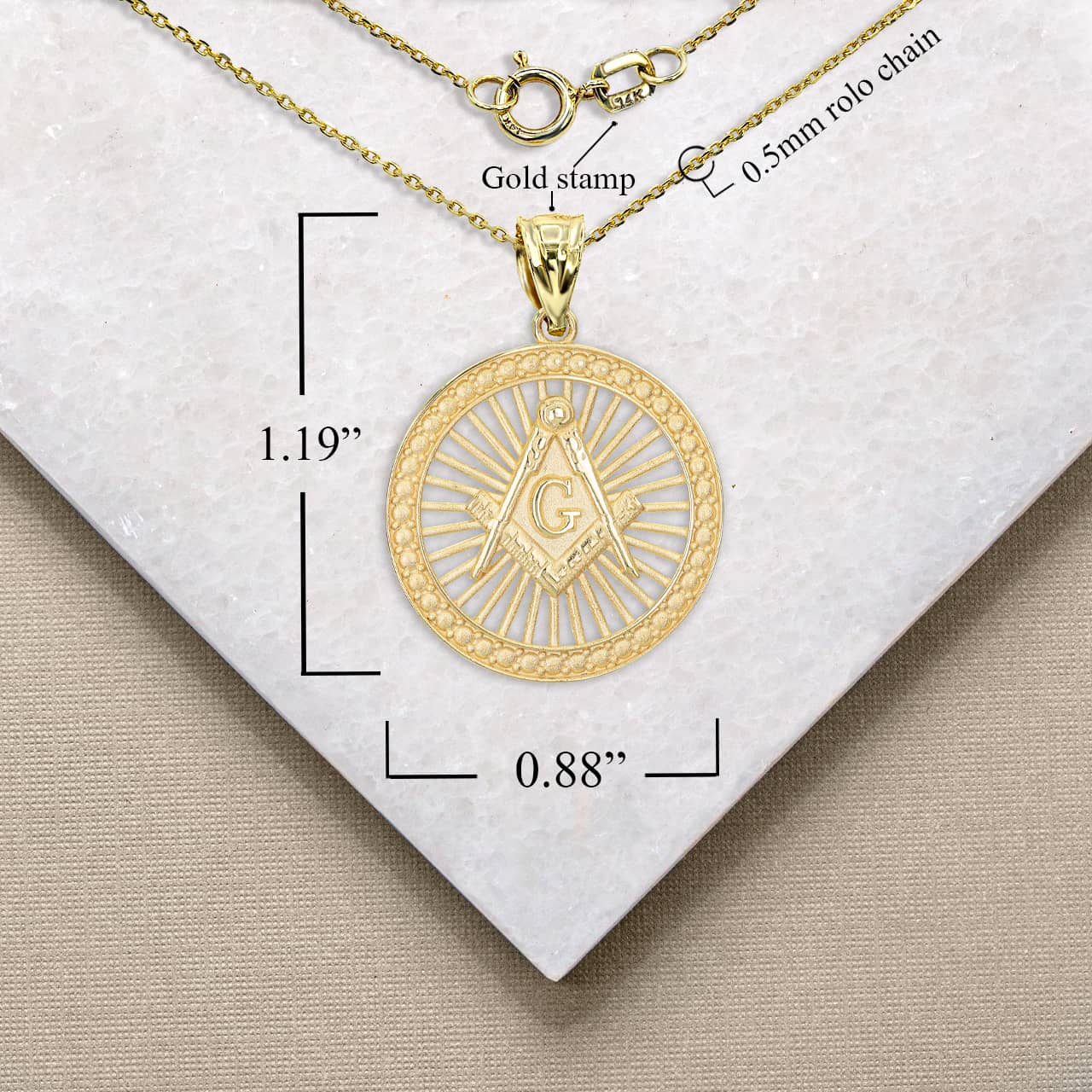 Gold Freemason Square and Compasses Illuminated Pendant Necklace, view 4