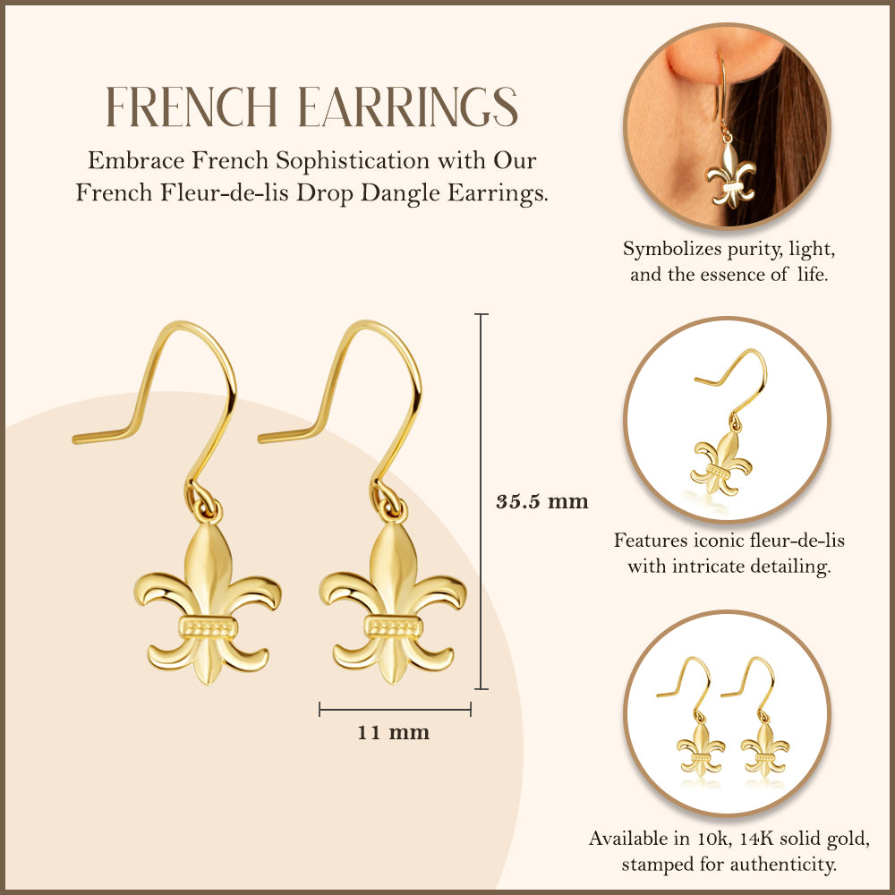 Gold French Fleur-de-lis Drop Dangle Earrings, view 3
