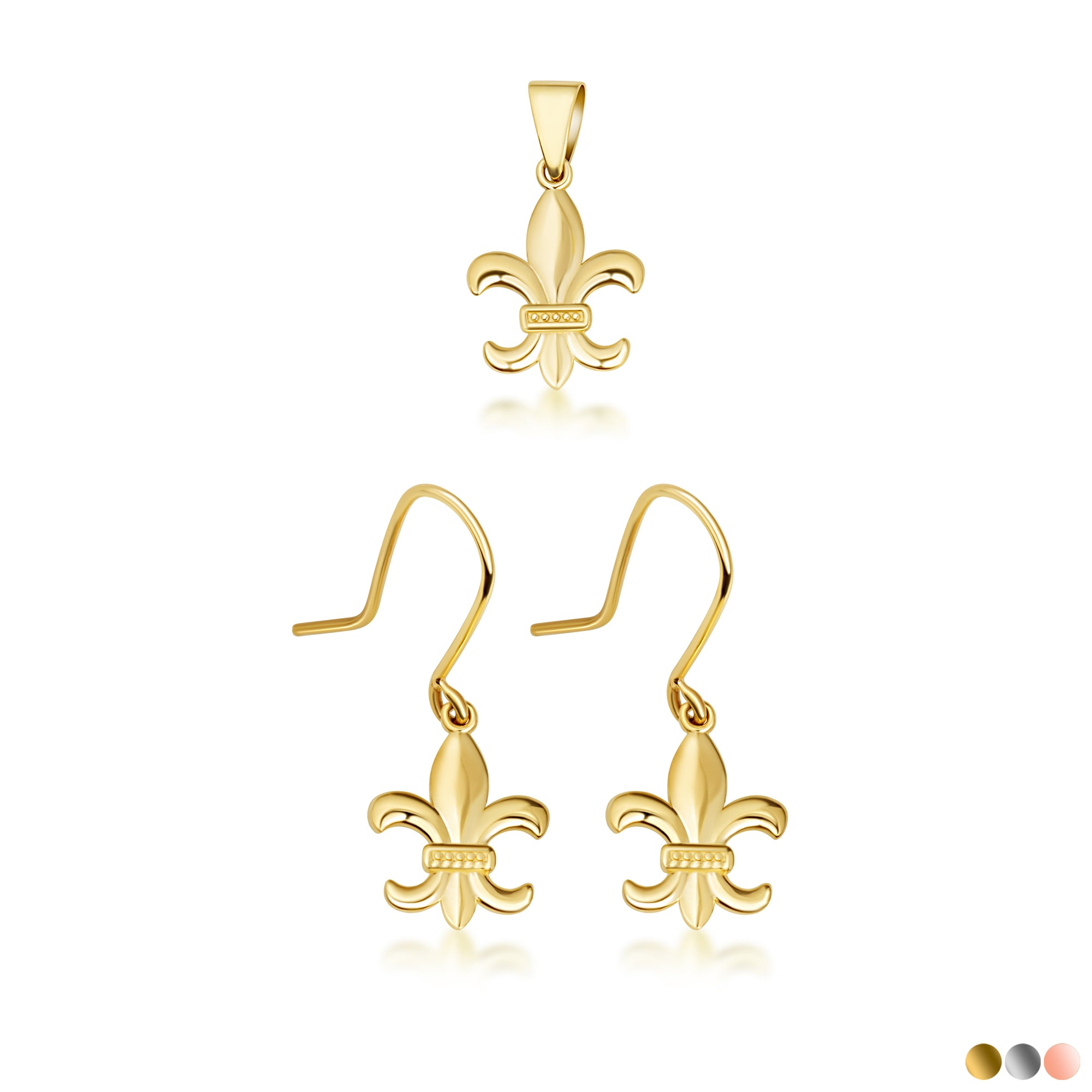Gold French Fleur-de-lis Pendant Necklace Drop Dangle Earrings Set