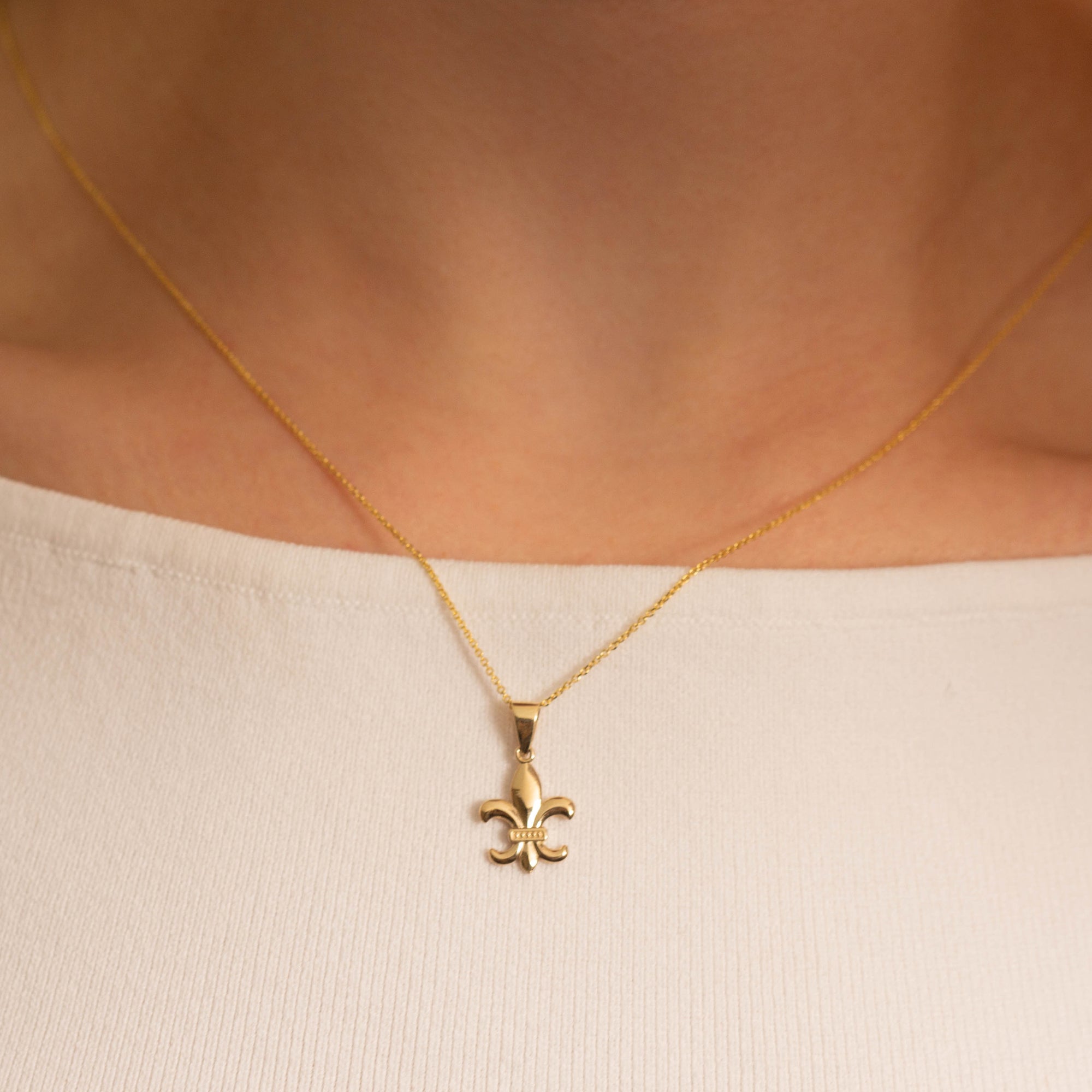 Gold French Fleur-de-lis Pendant Necklace Drop Dangle Earrings Set, view 2