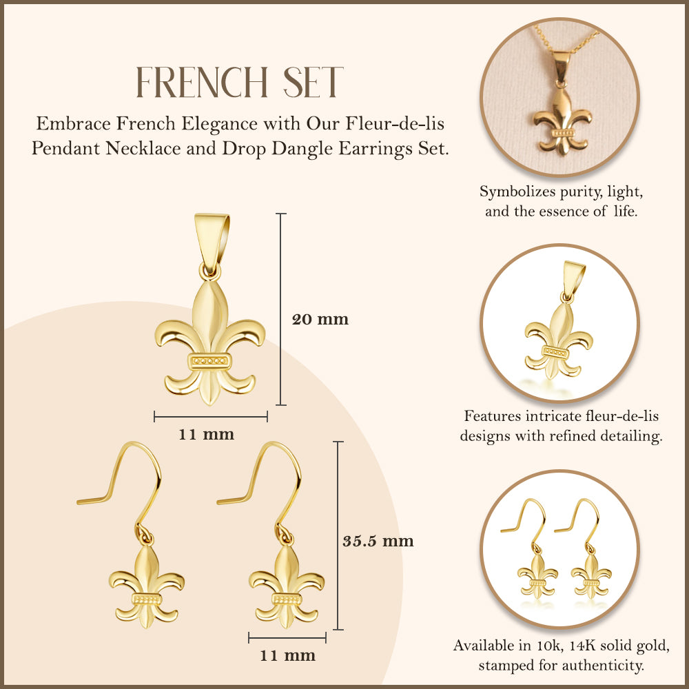 Gold French Fleur-de-lis Pendant Necklace Drop Dangle Earrings Set, view 4