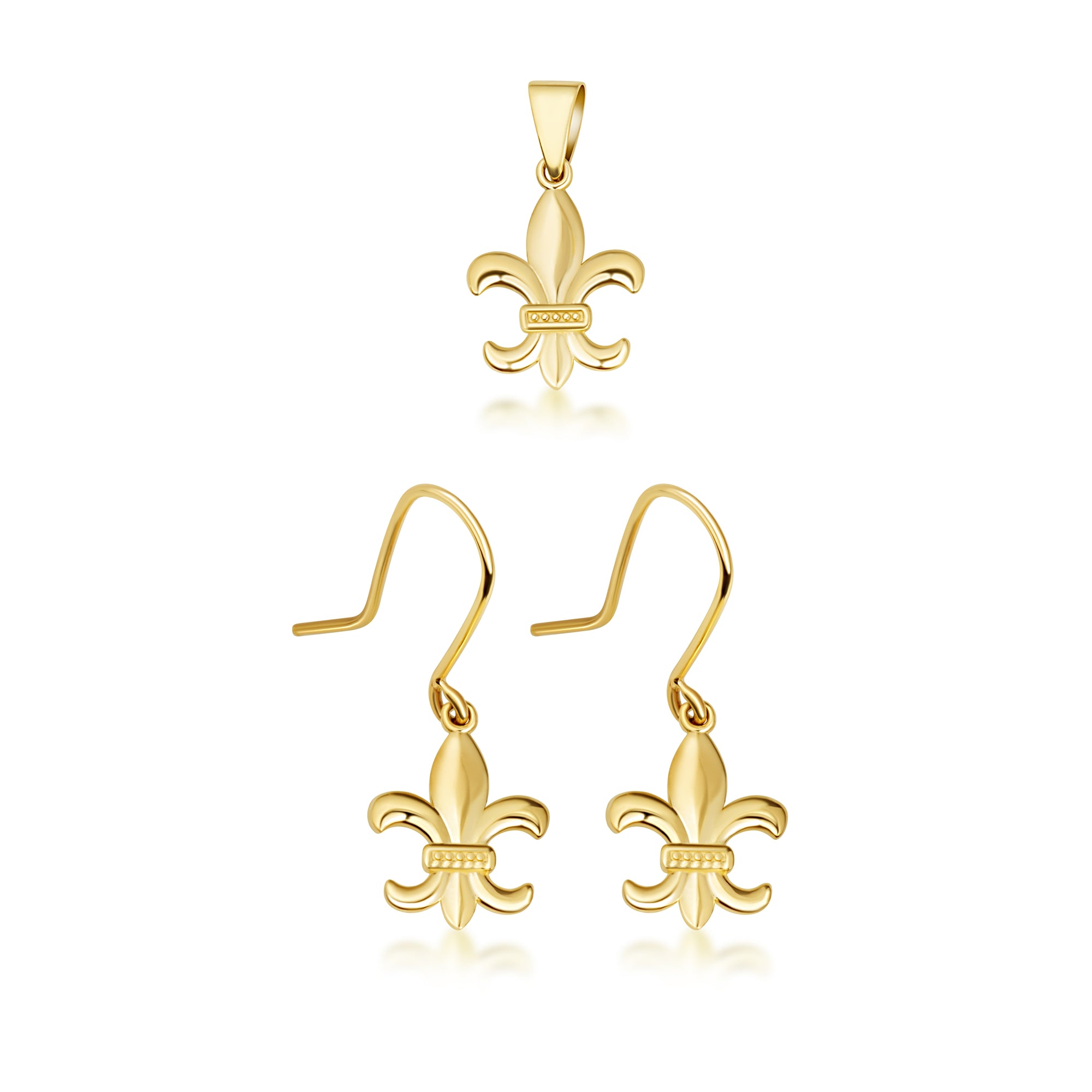 Gold French Fleur-de-lis Pendant Necklace Drop Dangle Earrings Set, view 5