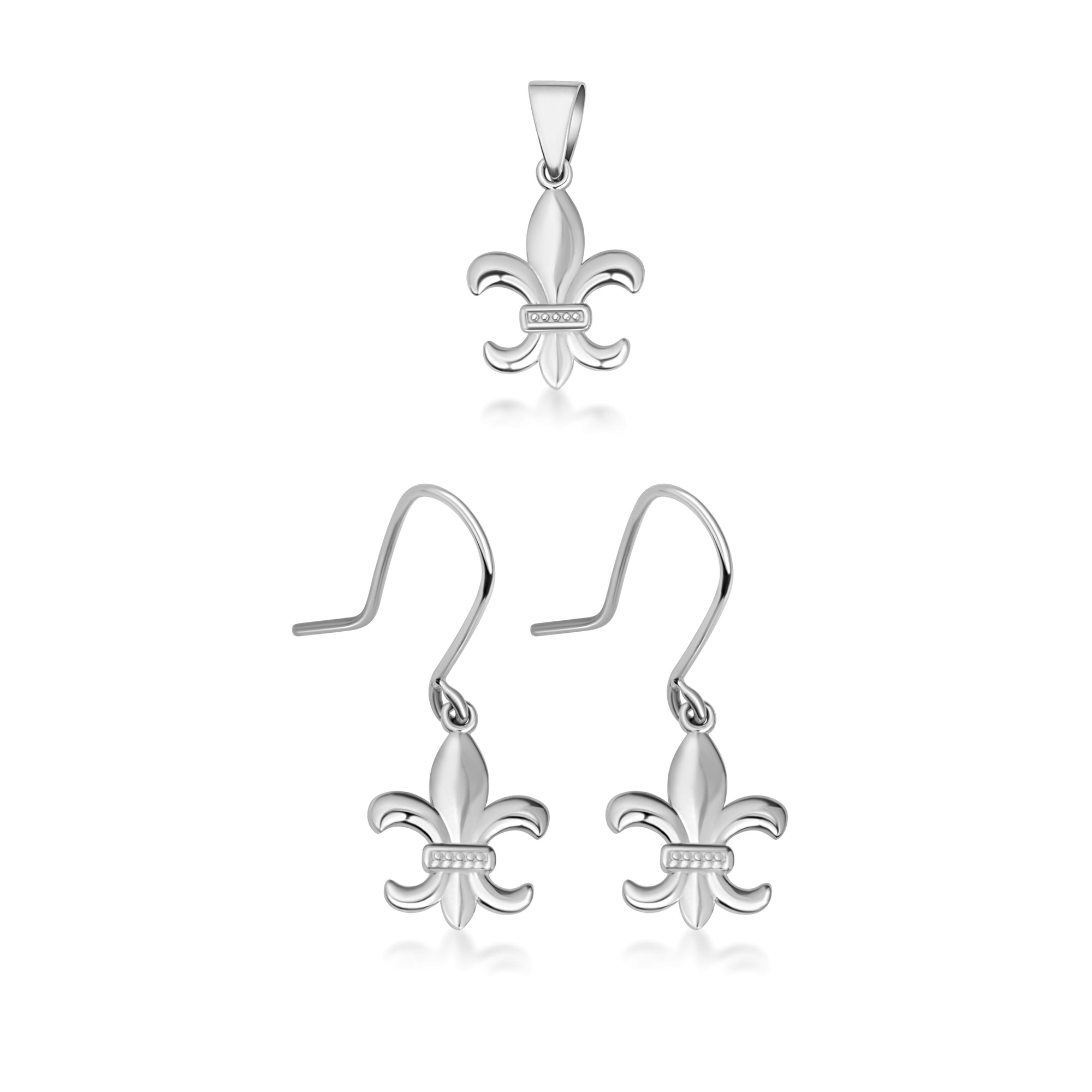 Gold French Fleur-de-lis Pendant Necklace Drop Dangle Earrings Set, view 7