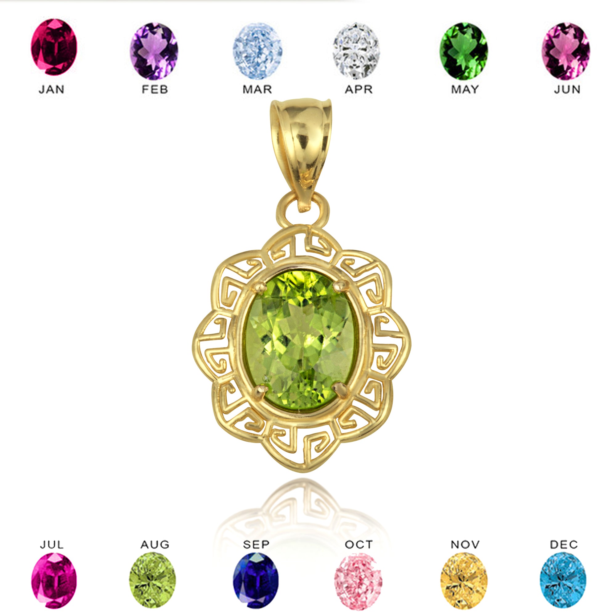 Gold Gemstone Floral Greek Key Love Pendant Necklace