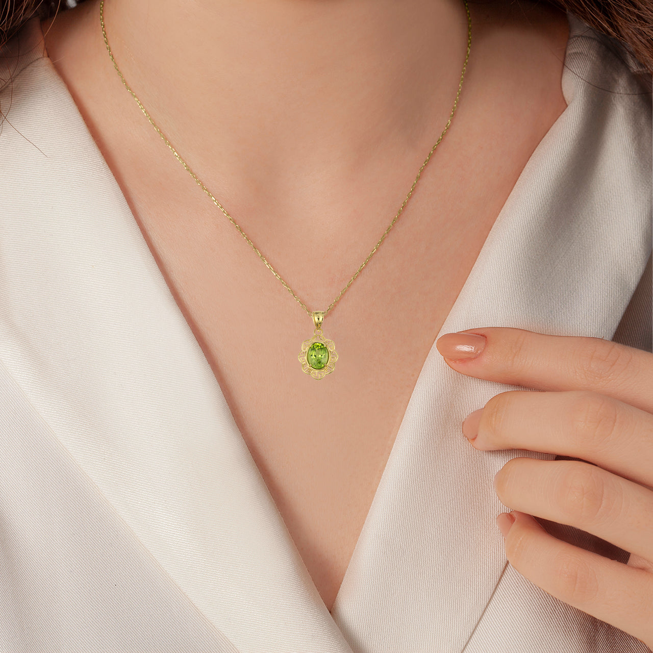 Gold Gemstone Floral Greek Key Love Pendant Necklace, view 2