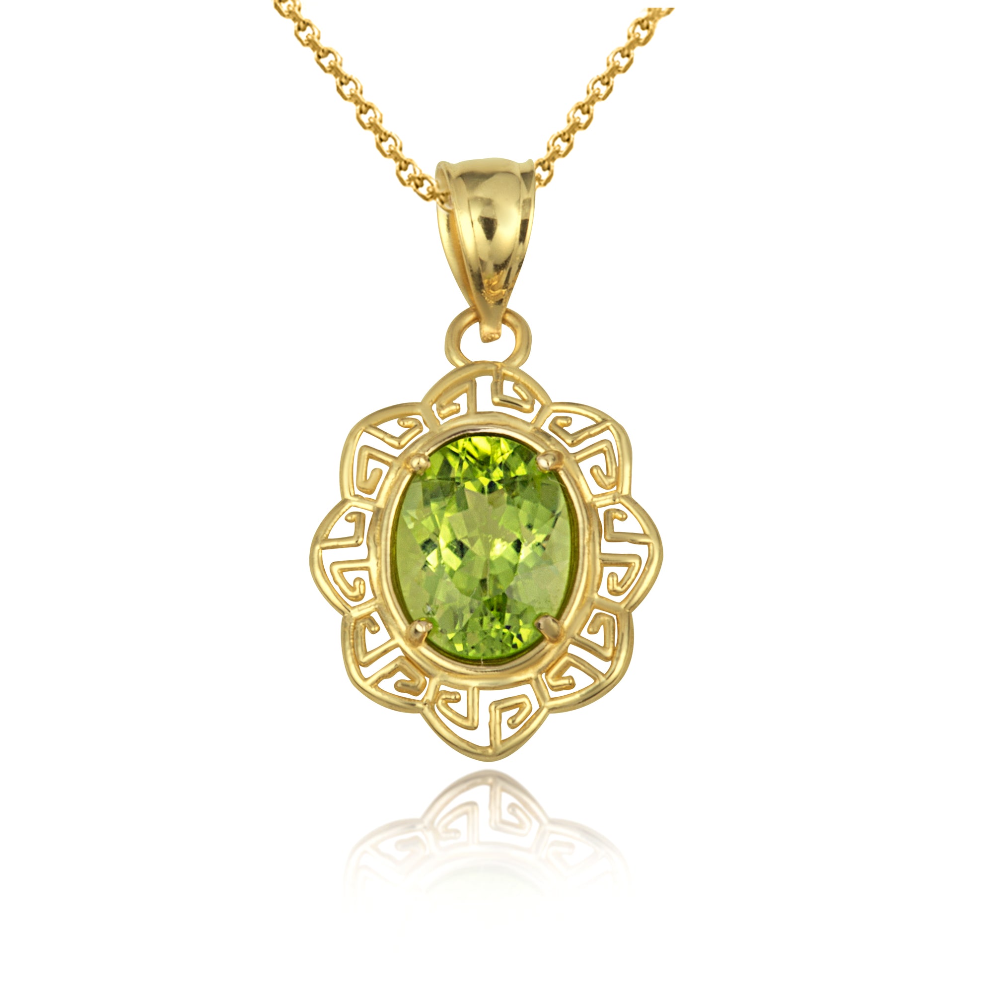 Gold Gemstone Floral Greek Key Love Pendant Necklace, view 3