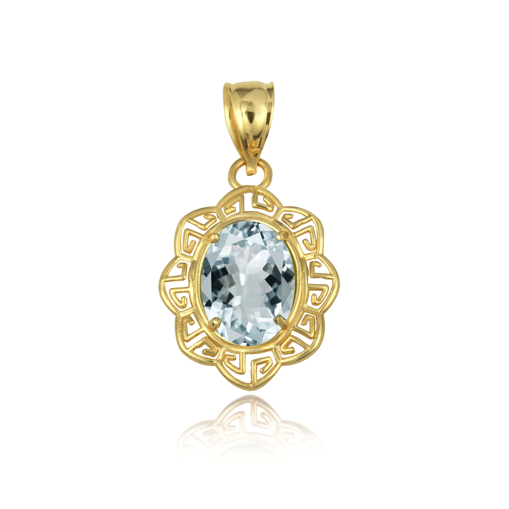 Gold Gemstone Floral Greek Key Love Pendant Necklace, view 4