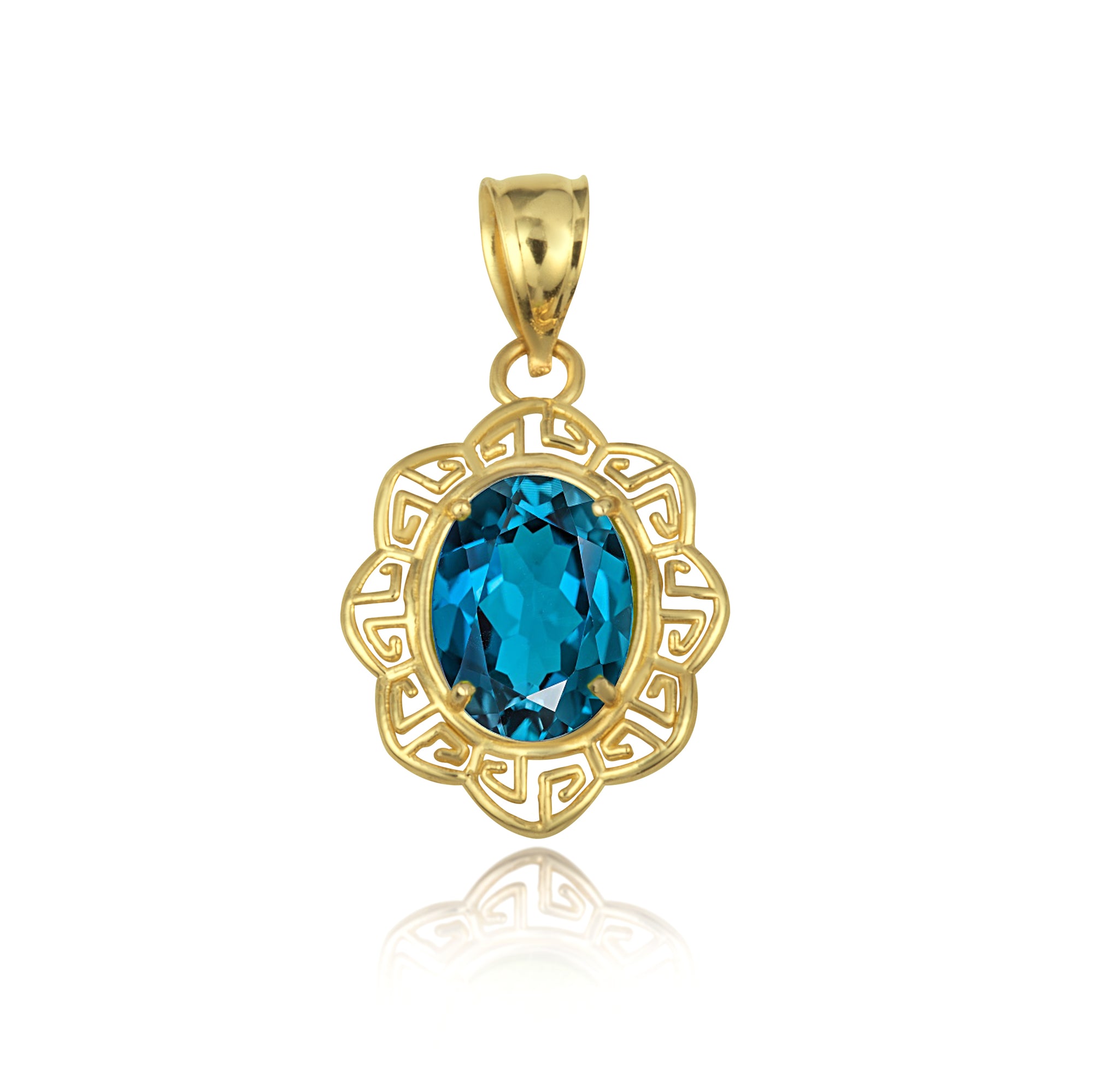 Gold Gemstone Floral Greek Key Love Pendant Necklace, view 9