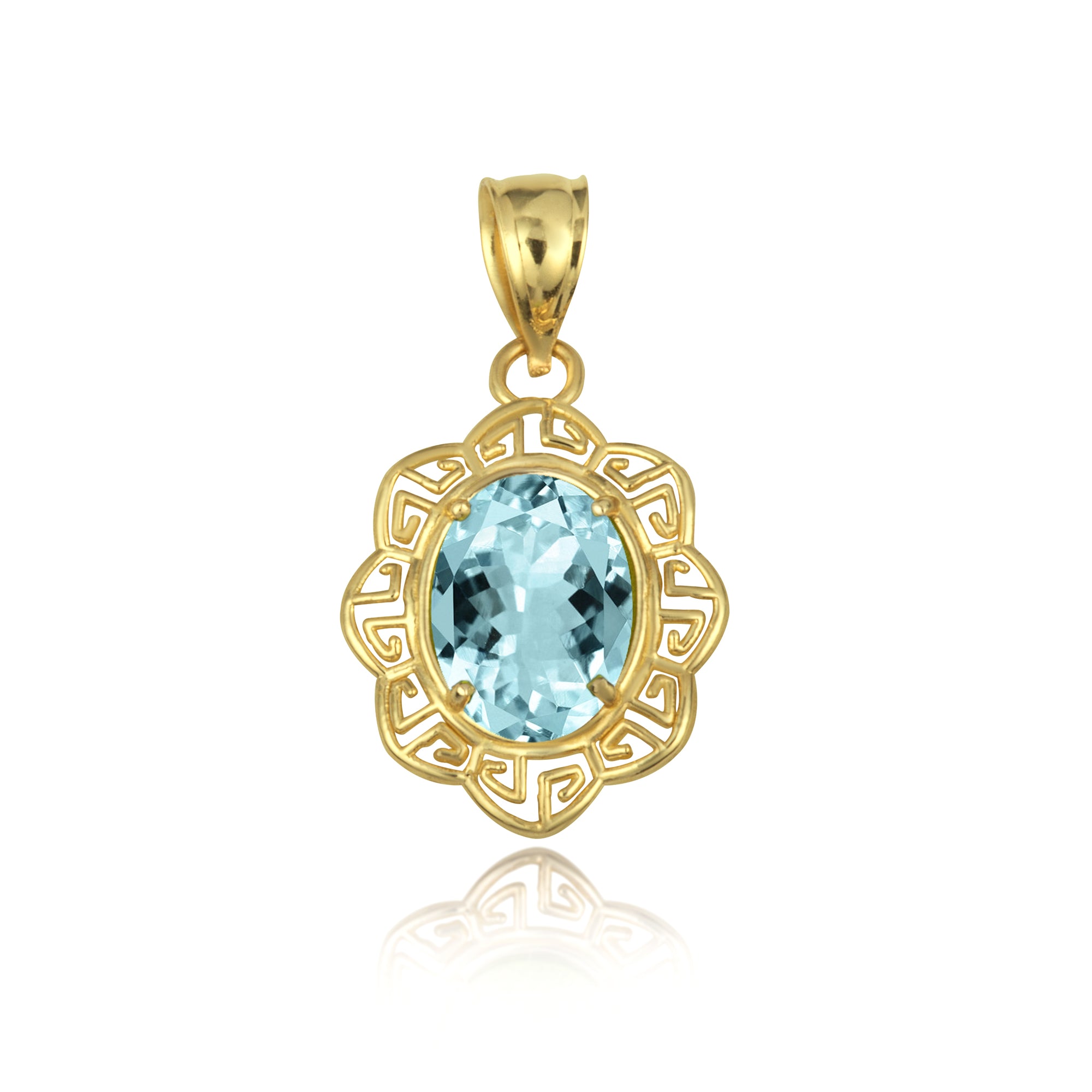 Gold Gemstone Floral Greek Key Love Pendant Necklace, view 12