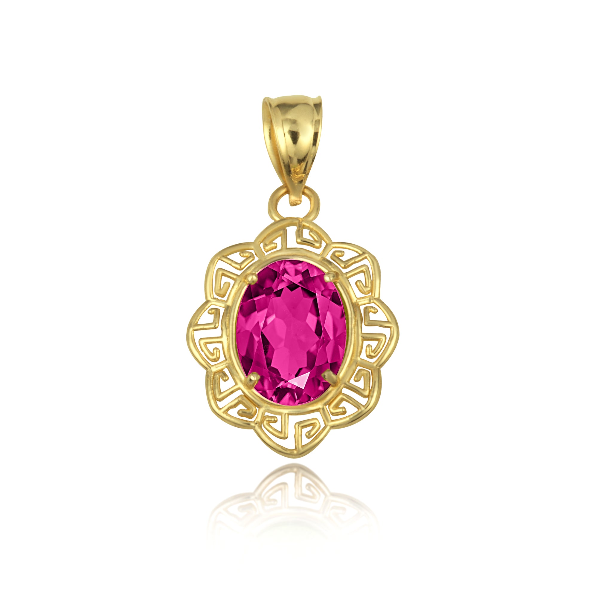 Gold Gemstone Floral Greek Key Love Pendant Necklace, view 13