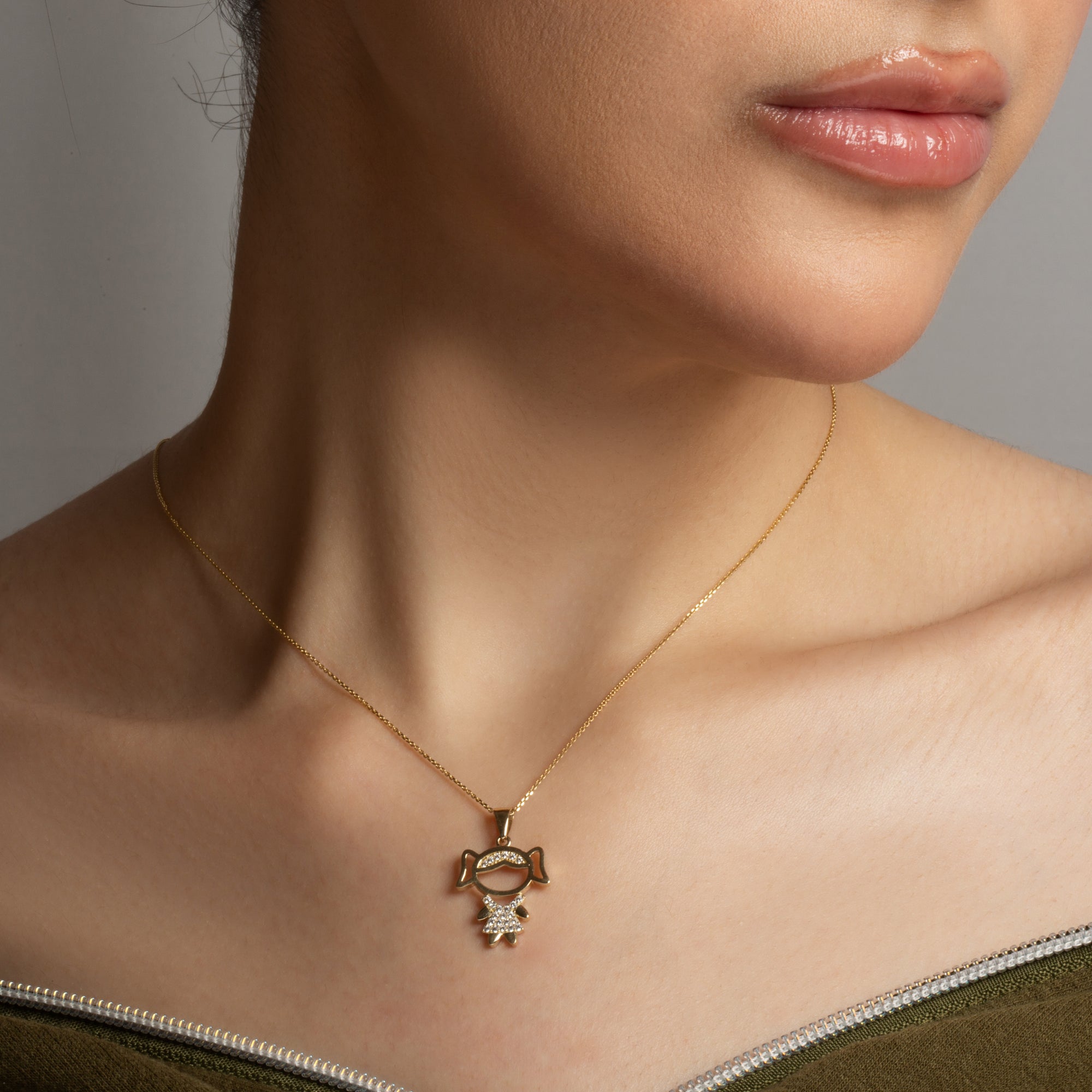 Gold Girl Silhouette Studded Pendant Necklace, view 2