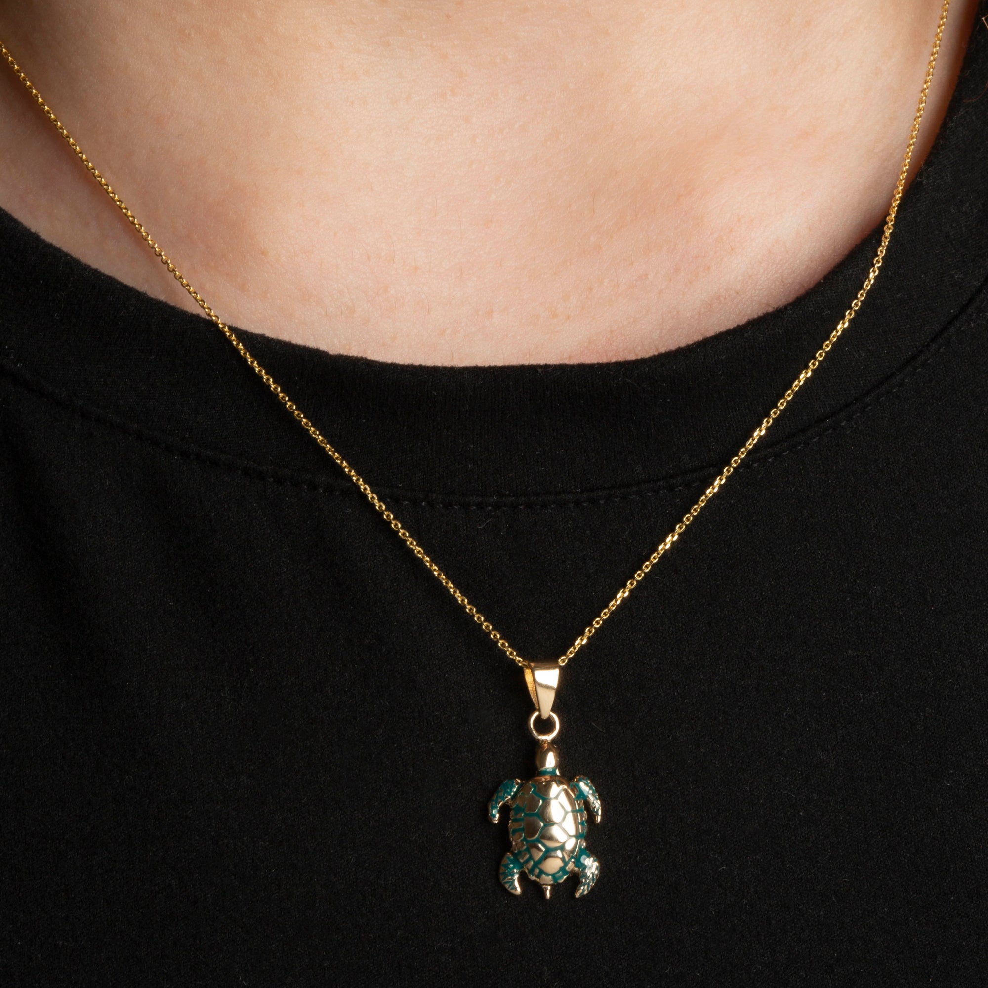 Gold Green Enamel Sea Turtle Pendant Necklace, view 2