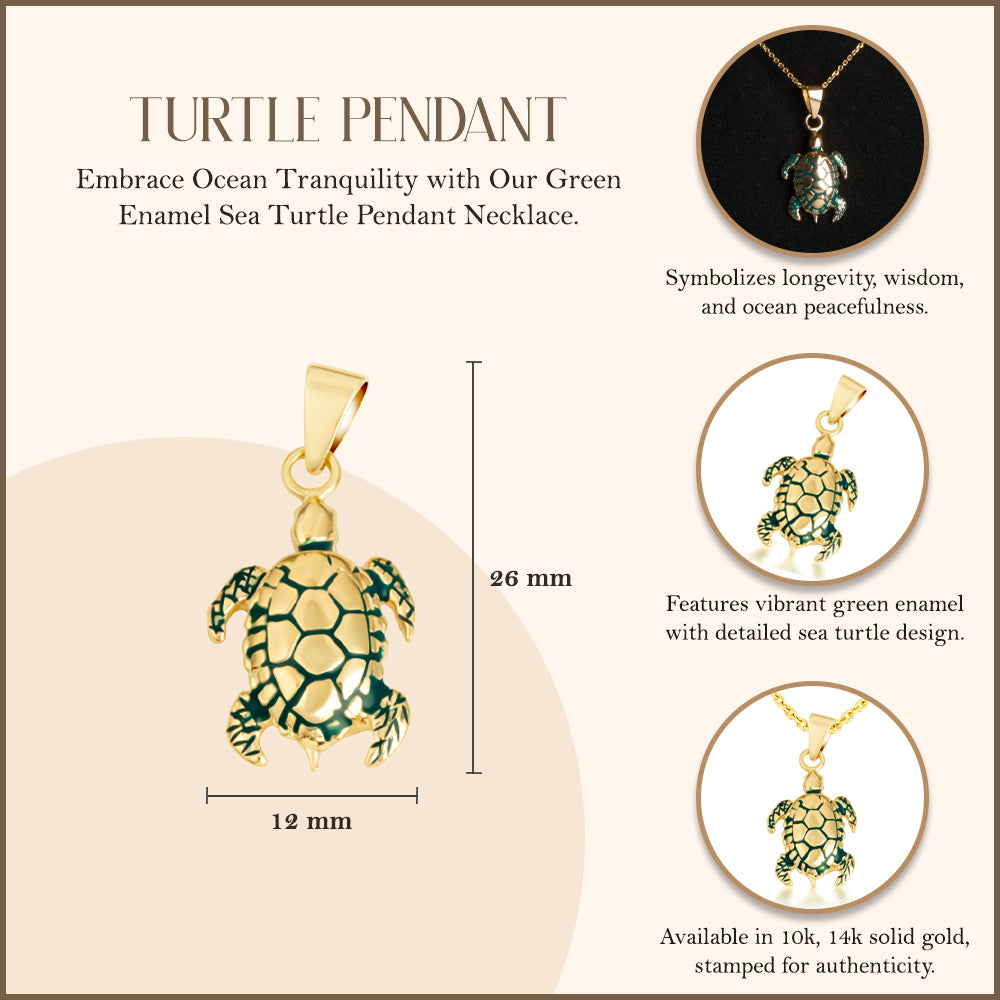 Gold Green Enamel Sea Turtle Pendant Necklace, view 3