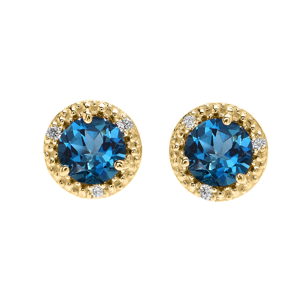 Gold Halo Stud Earrings Gold with Solitaire London Blue Topaz and Diamonds