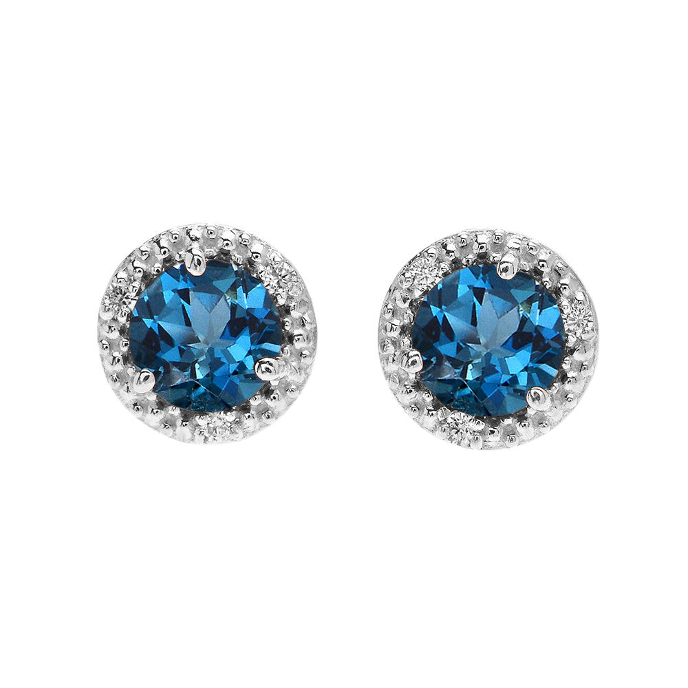 Gold Halo Stud Earrings Gold with Solitaire London Blue Topaz and Diamonds, view 2