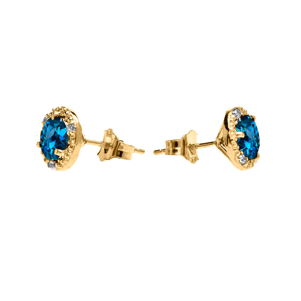 Gold Halo Stud Earrings Gold with Solitaire London Blue Topaz and Diamonds, view 3