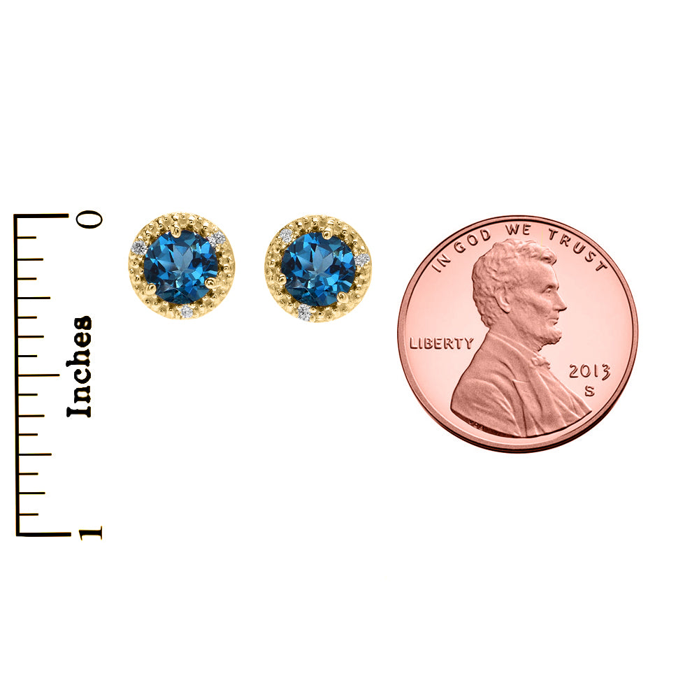 Gold Halo Stud Earrings Gold with Solitaire London Blue Topaz and Diamonds, view 4