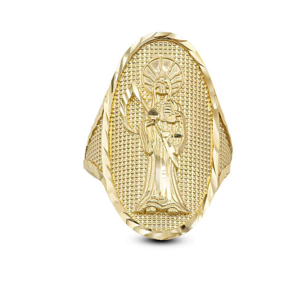 Gold Hammered Santa Muerte Patron Saint of Death and Protection Oval Ring