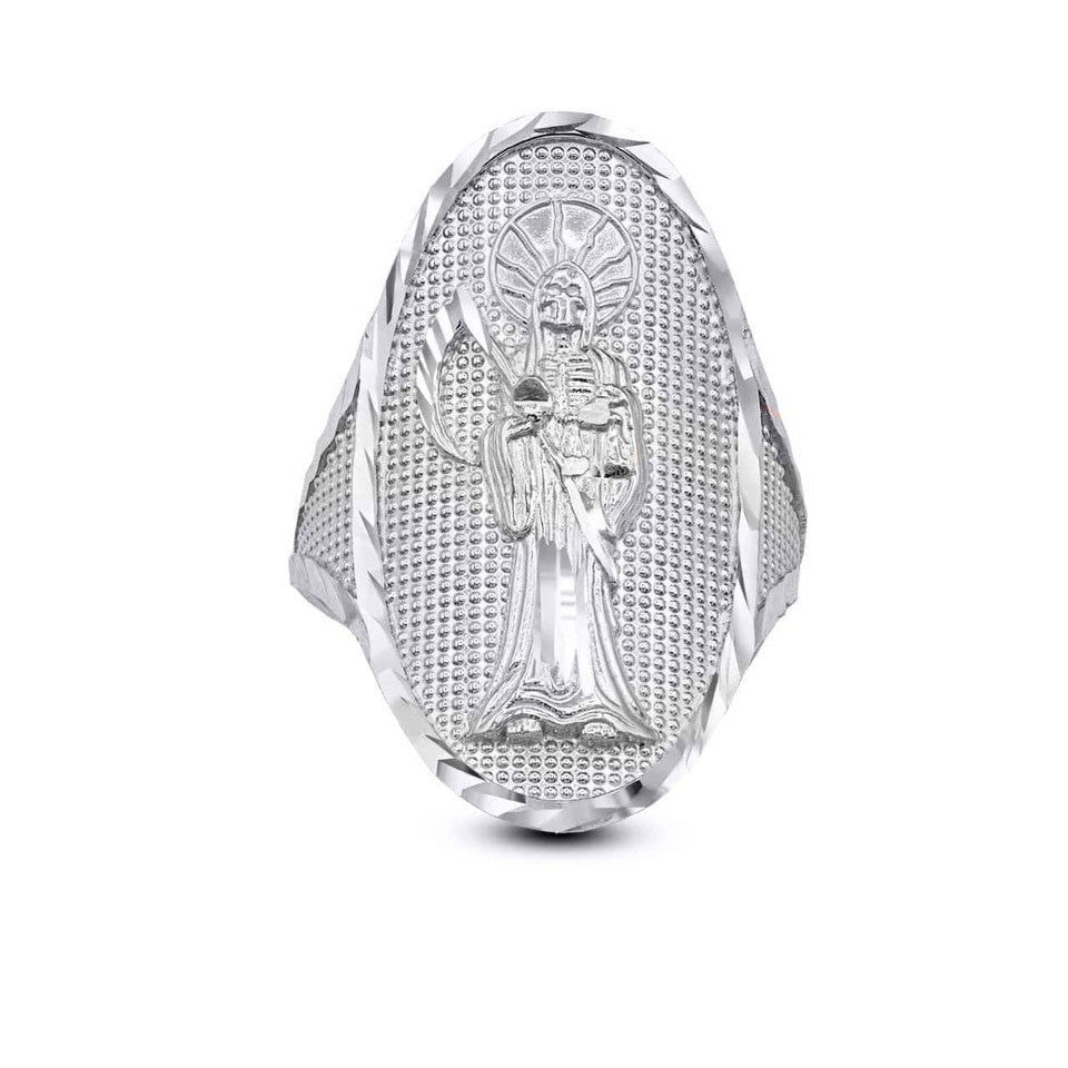 Gold Hammered Santa Muerte Patron Saint of Death and Protection Oval Ring, view 7