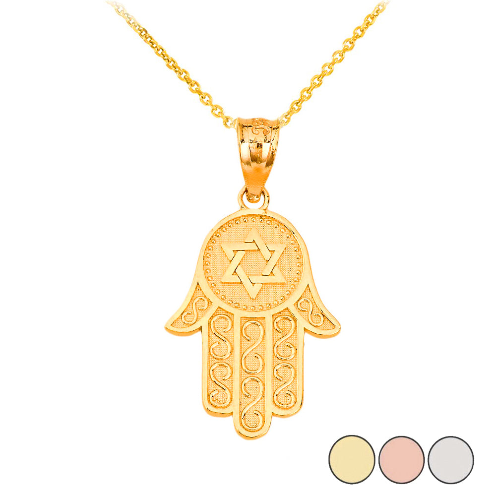 Gold Hamsa Hand Jewish Star of David Pendant Necklace