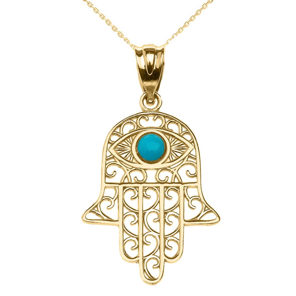 Gold Hamsa Hand With Turquoise Evil Eye Pendant Necklace