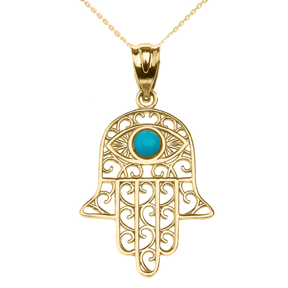 Gold Hamsa Hand With Turquoise Evil Eye Pendant Necklace