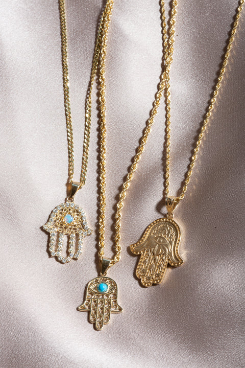 Gold Hamsa Hand With Turquoise Evil Eye Pendant Necklace, view 2