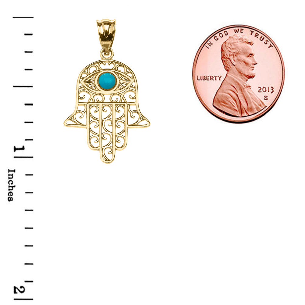 Gold Hamsa Hand With Turquoise Evil Eye Pendant Necklace, view 3
