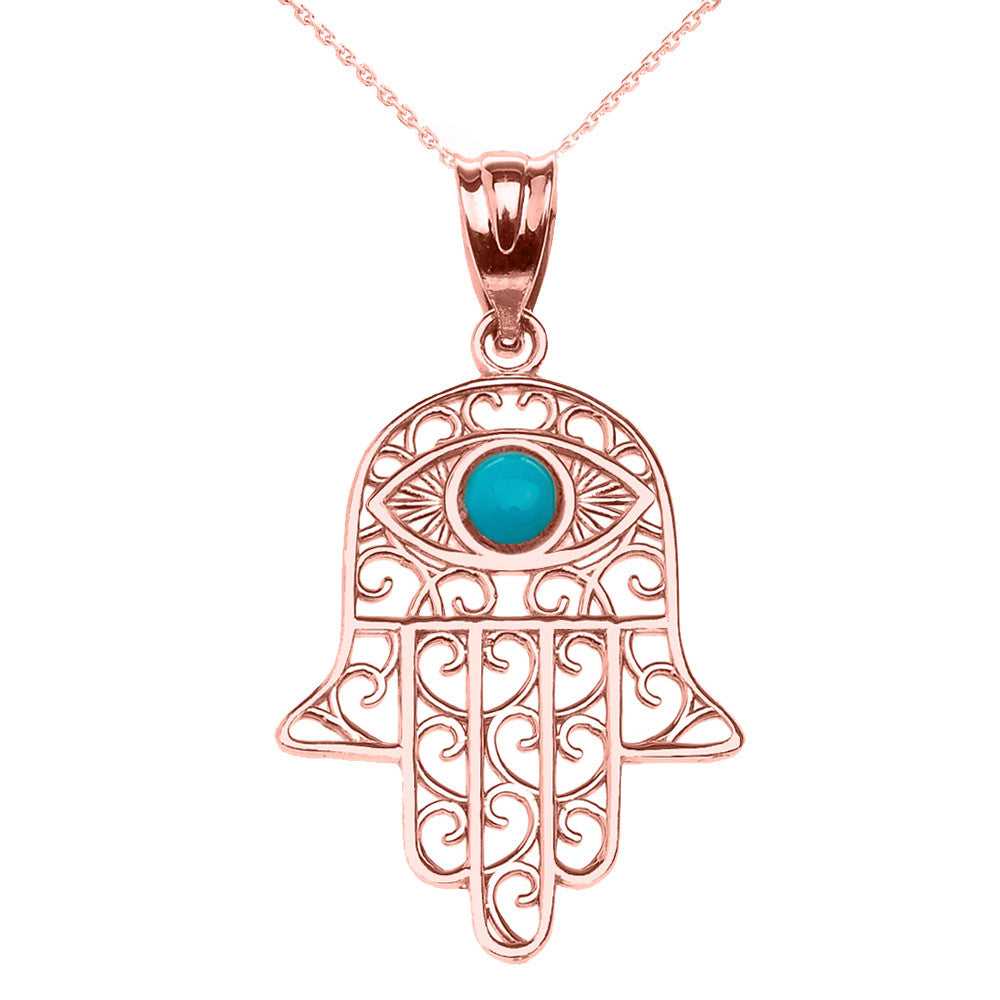 Gold Hamsa Hand With Turquoise Evil Eye Pendant Necklace, view 4