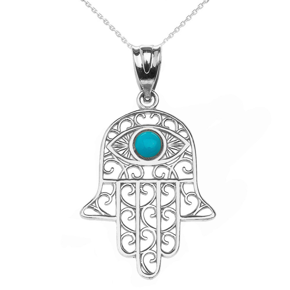 Gold Hamsa Hand With Turquoise Evil Eye Pendant Necklace, view 5