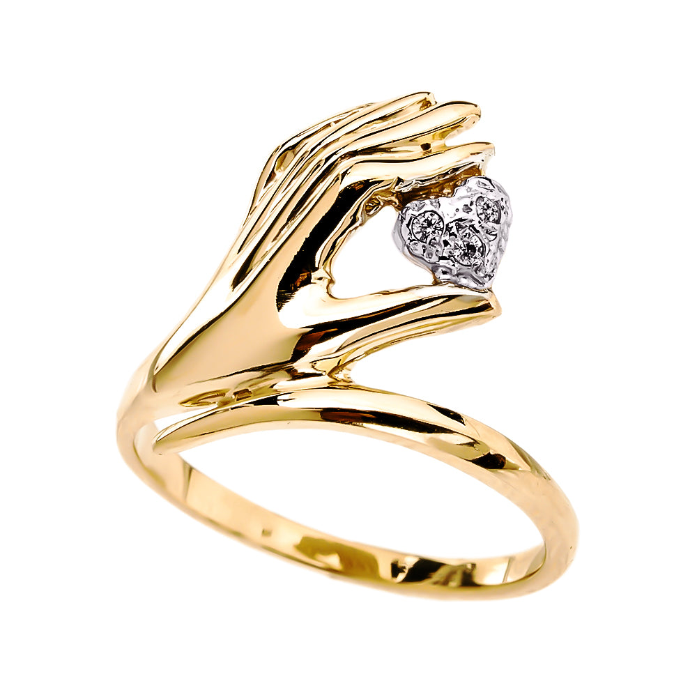 Gold hand Holding Heart Diamond Ladies Ring