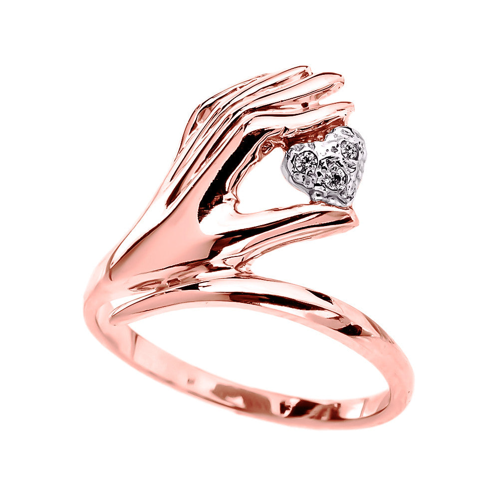 Gold hand Holding Heart Diamond Ladies Ring, view 2