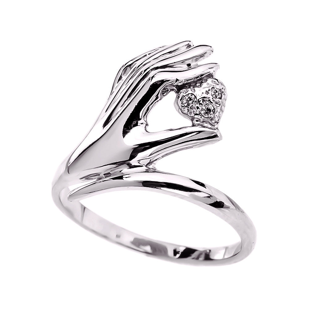 Gold hand Holding Heart Diamond Ladies Ring, view 3