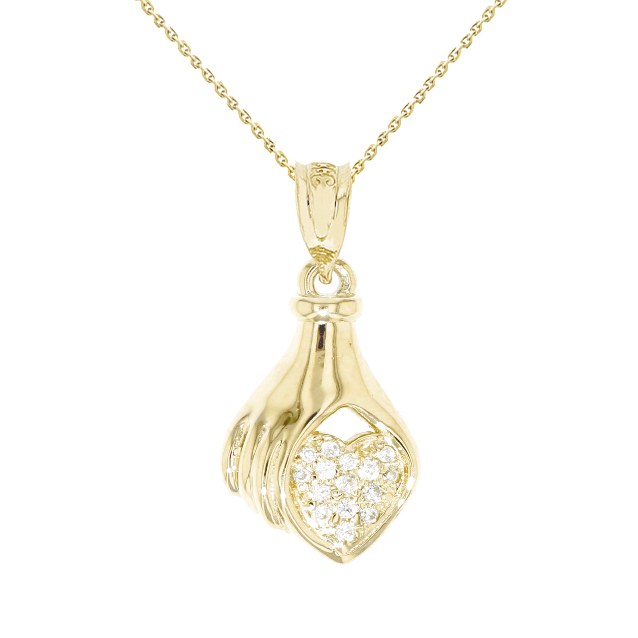 Gold Hand Holding Heart Diamond Pendant Necklace