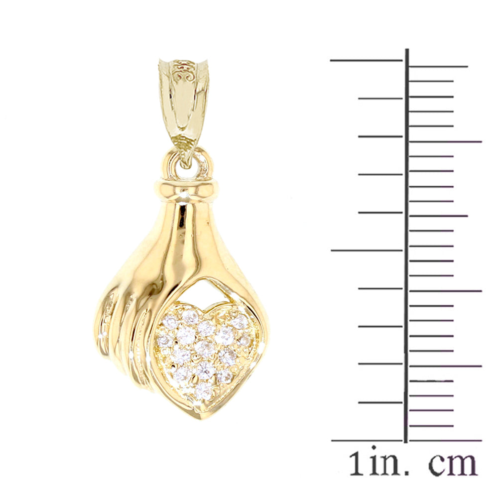 Gold Hand Holding Heart Diamond Pendant Necklace, view 3