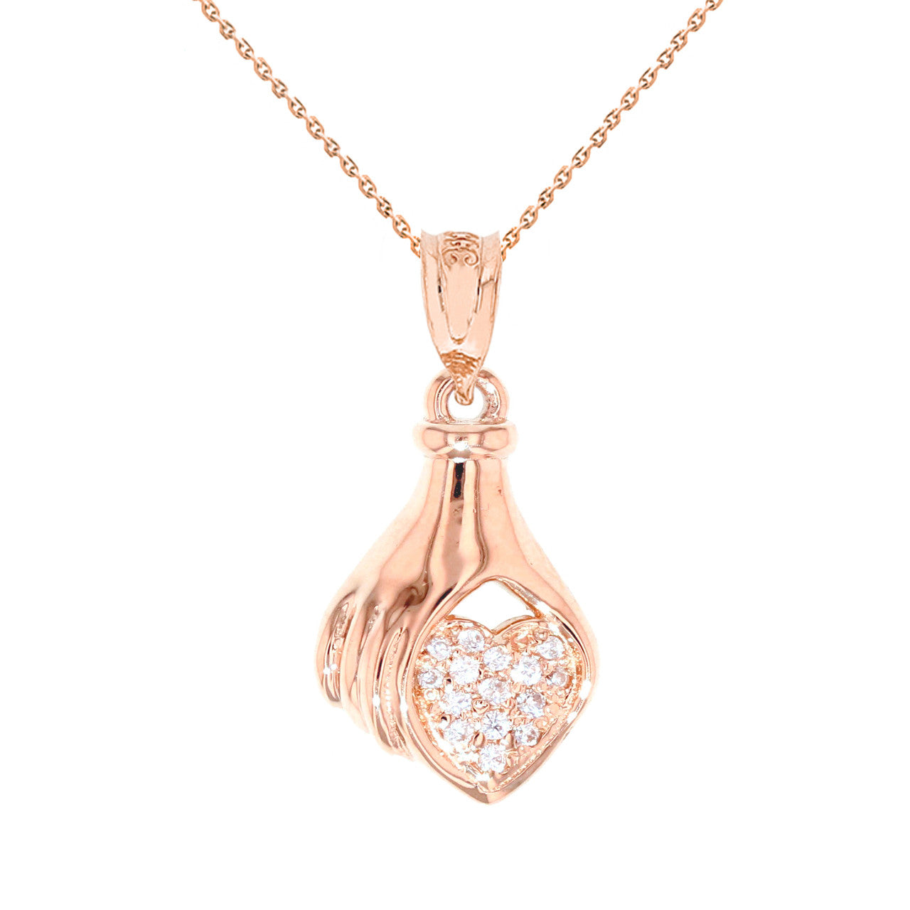 Gold Hand Holding Heart Diamond Pendant Necklace, view 4