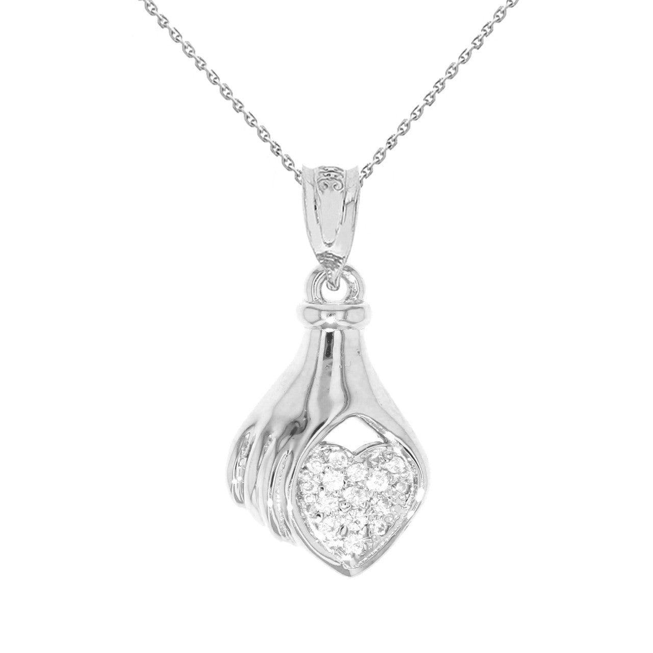 Gold Hand Holding Heart Diamond Pendant Necklace, view 5