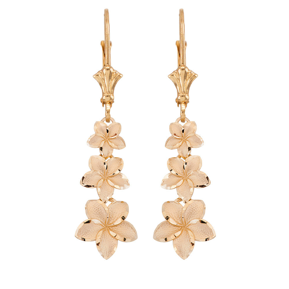Gold Hawaiian Plumeria Flower Drop Earrings, view 2