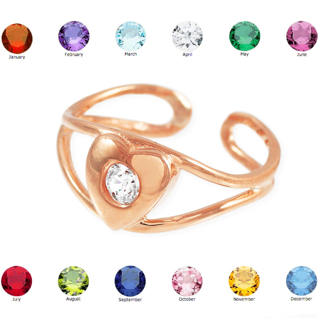 Gold Heart Birthstone CZ Toe Ring, view 2
