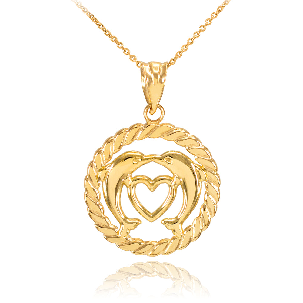 Gold Heart Kissing Dolphins in Circle Rope Pendant Necklace
