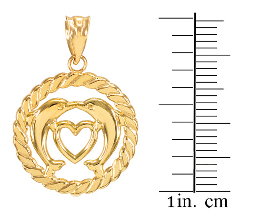 Gold Heart Kissing Dolphins in Circle Rope Pendant Necklace, view 2